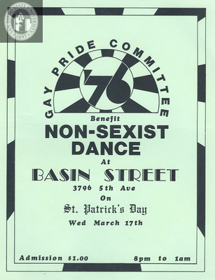 "Gay Pride Committee '76 Benefit non-sexist dance at Basin Street," 1976
