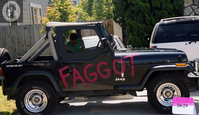 "Faggot" Jeep at Pride parade, 2001