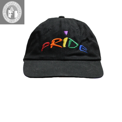"PRIDE" on a baseball cap in five colors of the rainbow