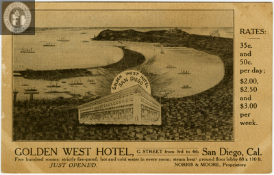 Postcard ad for Golden West Hotel, San Diego