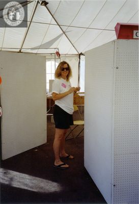 Debbie Zierman sets up the display boards for the Timeline Project, 1992