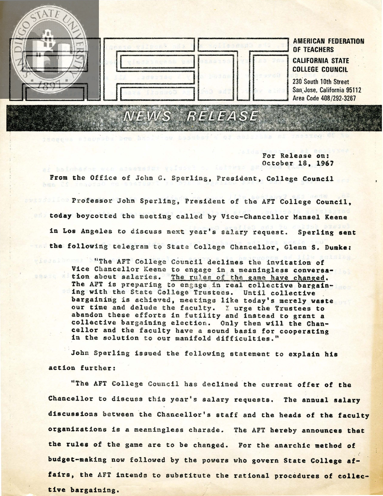 A.F.T. News release, 1967