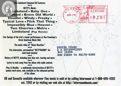 Back of BETTY postcard mailed to Denise Frank, 1996