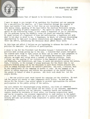Advance text of speech to be delivered at Indiana University, 1968