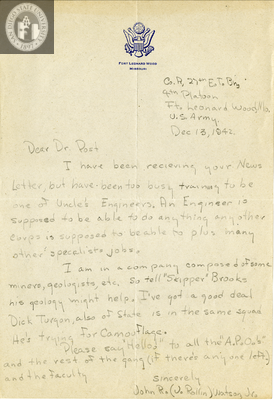 Letter from John Rollin Watson, Jr., 1942