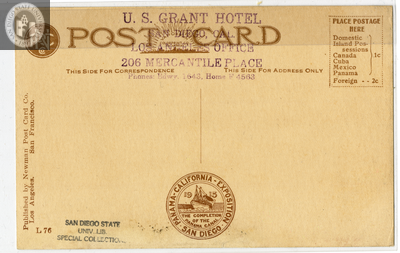 Back of card, Palm Garden, U. S. Grant Hotel