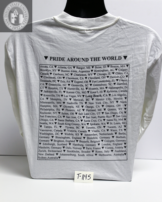 "Pride Around the world," with a list of cities, Long Beach back of T-shirt, 1997