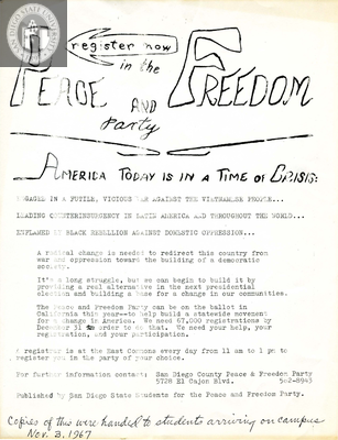 Peace and Freedom Party registration flyer, 1967