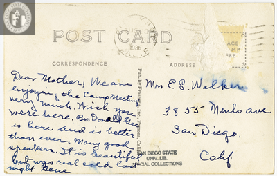 Back of Real Photo Post Card of camp meeting, 1936