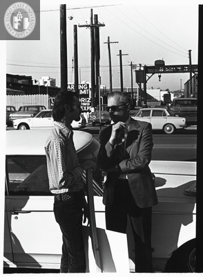Stephen Bell and Harold Keene during Gay Liberation Front picket at SDPD, 1971