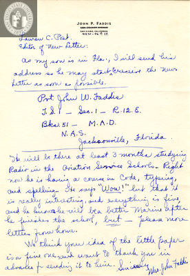 Letter from Mrs. John P. Faddis, 1942