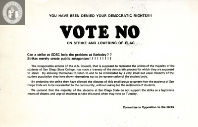 Flyer for the Committee in Opposition to the Strike, 1969