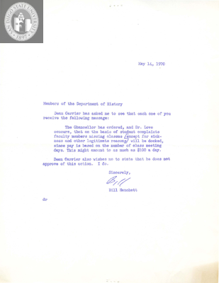 Letter to History Department faculty, 1970