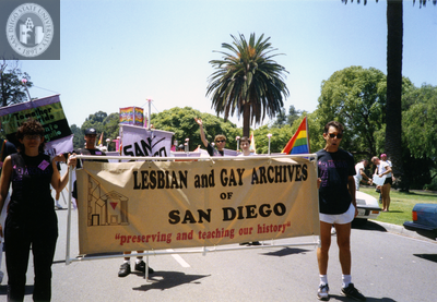 "Lesbian and gay archives of San Diego" banner at Pride parade, 1992