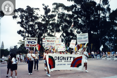Dignity San Diego marchers near Balboa park in Pride Parade, 1991
