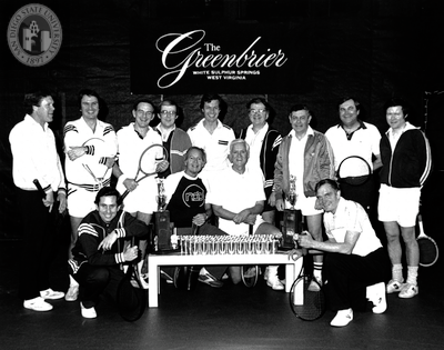 Lionel Van Deerlin in group portrait for Greenbrier Tennis, 1981