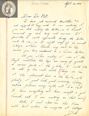 Letter from William L. Buehlman, 1943