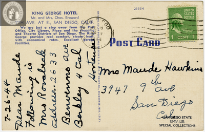 Back, postcard of King George Hotel, San Diego