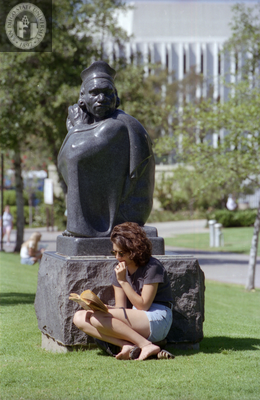 Student with "The Aztec" sculpture, 1996