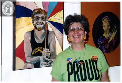 Gwen Snyder with a painting at Pride festival, 1999