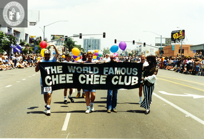 Chee Chee Club banner in San Diego Pride parade, 1994
