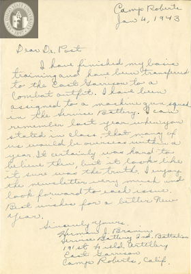Letter from Herman J. Branin, 1943