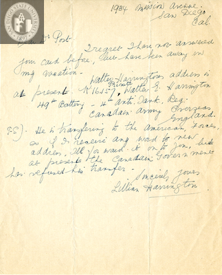 Letter from Lillian Harrington, 1942