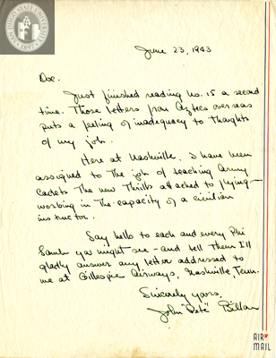Letter from John Peterson Billon, 1943