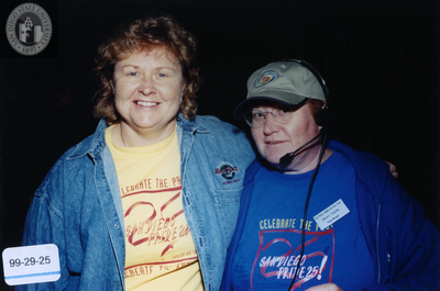 Mary Smith, stage manager,  with another volunteer at a Pride event, 1999