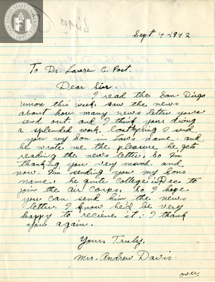 Letter from Mrs. Andrew Davis, 1942