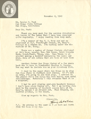 Letter from Remo Sabatini, 1942