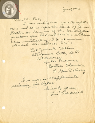 Letter from Lois Whitehead, 1942