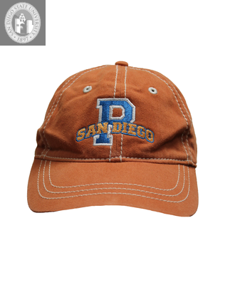 "San Diego P" on an orange baseball cap