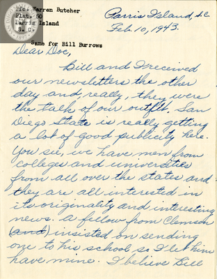Letter from Warren A. Butcher, 1943