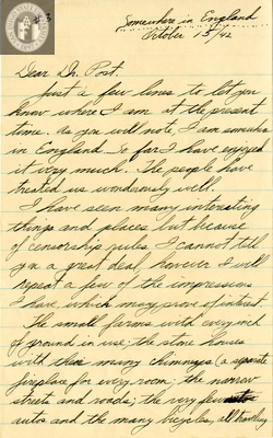 Letter from John Burdette Binkley, 1942