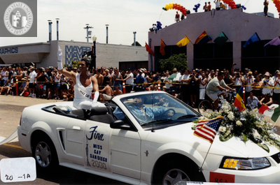 Miss Gay San Diego waves to crowd in Pride parade, 2000