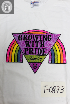 "Growing with Pride Family," with rainbow and pink triangle