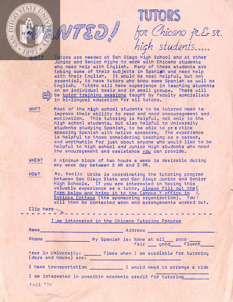 Wanted! Tutors for Chicano junior and senior high school students, 1974