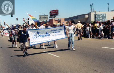 Dignity San Diego banner at Pride parade, 1999