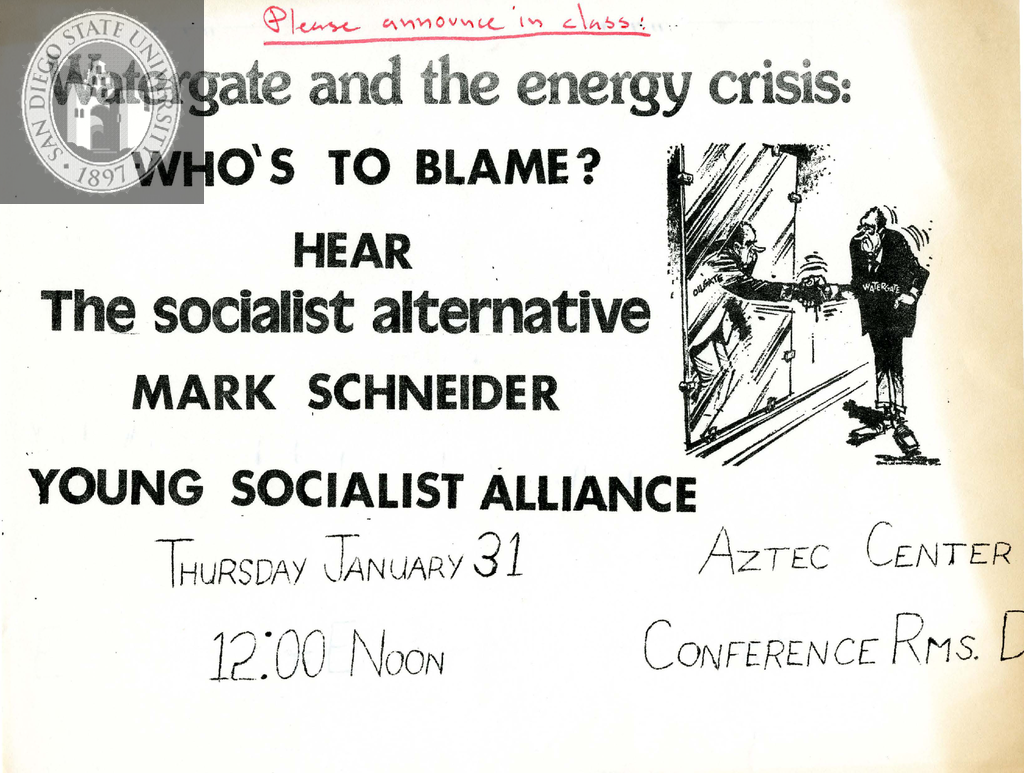 Flyer for lecture by Mark Schneider, 1974
