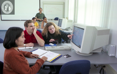 Group study tables with computers and monitors, 1999
