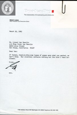 Letter to Lionel Van Deerlin from <i>Broadcasting</i> magazine, 1981