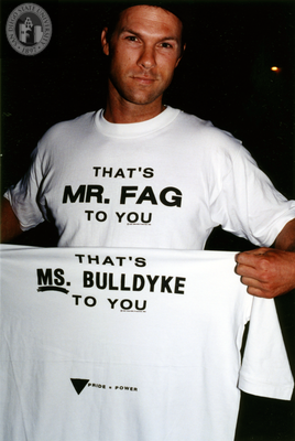 Man with T-shirts with gendered slurs, 1996