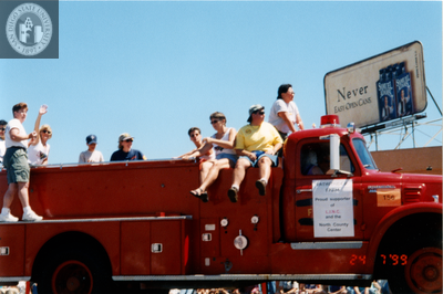 Pathfinder Farm fire engine supporting LINC in Pride parade, 1999