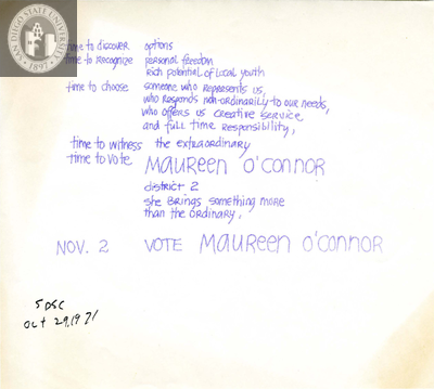 Flyer for Maureen O'Connor for San Diego City Council, 1971