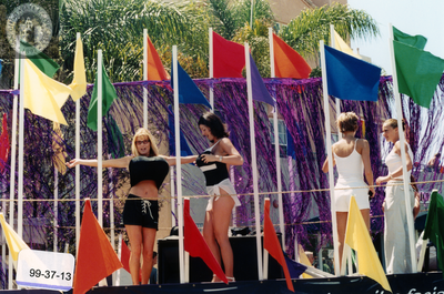 Performers preparing for Pride parade on their float, 1999