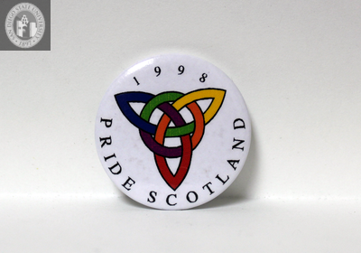 "1998 pride Scotland" with a rainbow triquetra, 1998