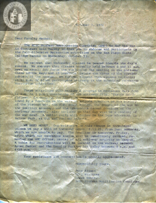 Invitation to faculty members to join fall offensive moratorium, 1971