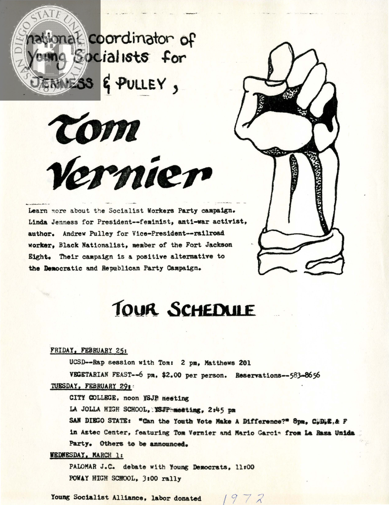 Flyer for San Diego events with Tom Vernier, 1972