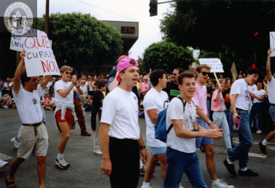"Queer curricula now" sign at Pride parade, 1991